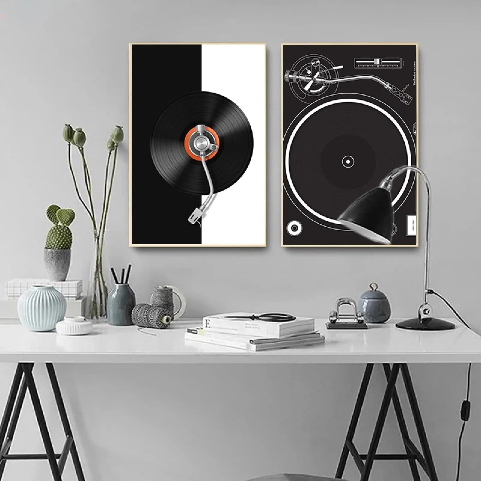 TONGYINLI Czarno-biały retro odtwarzacz płyt winylowych plakat muzyczny i druk na płótnie sztuka ścienna obraz do pokoju dziecięcego dekoracja domu 30 x 40 cm x 2 ramy