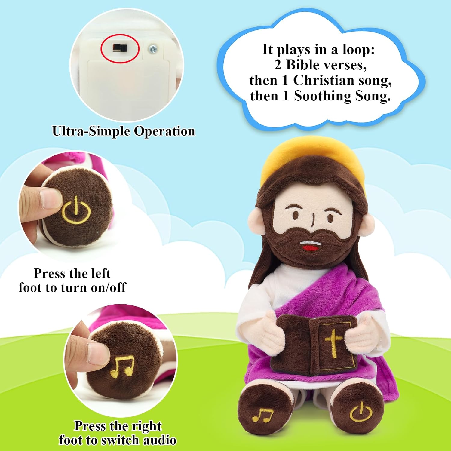 Jesus Plush Talking Doll with Halo,Speak 20 Bible Verses & 20 Songs,13.4" Interactive Hymn Stuffed Plushie Perfect Religious Gift for Kids Sunday School & Easter Celebrations(Purple)