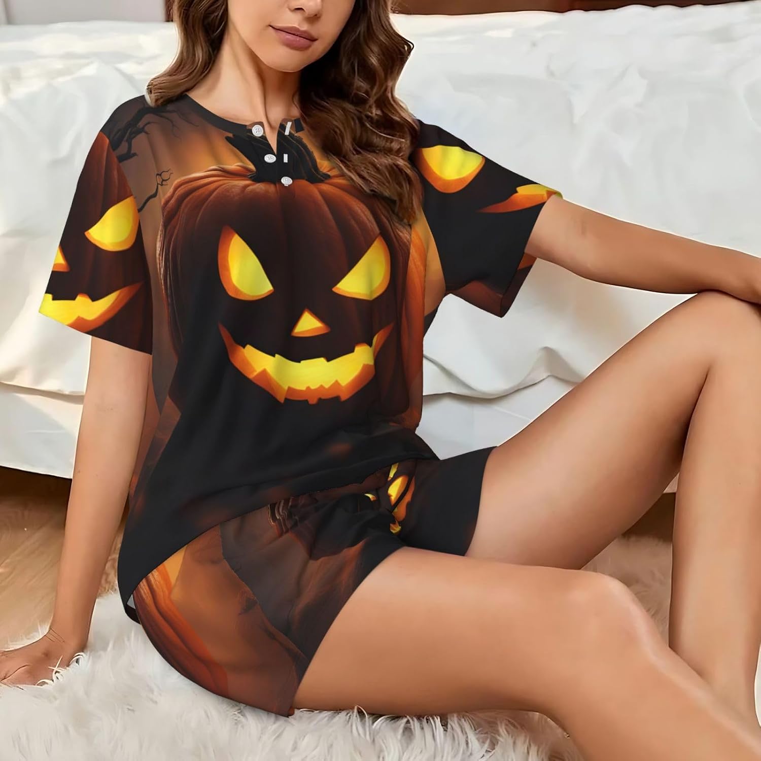 Women'S Halloween Pumpkin Print Pajamas Set,Womens Pj Sets For Summer,Loungewear Sets With Cooling Fabric