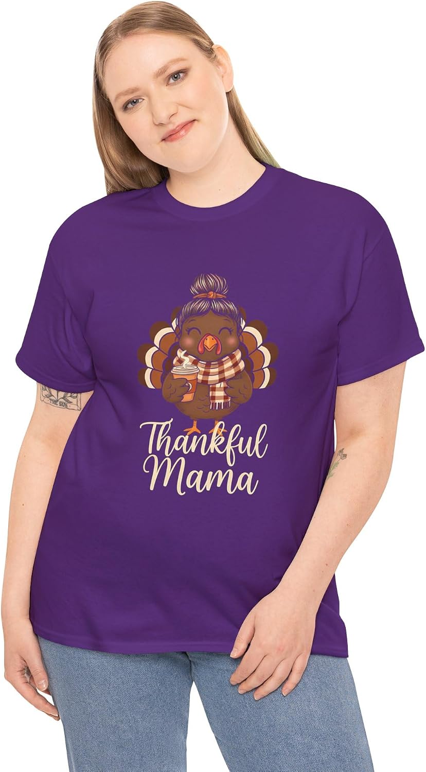 Thankful Mama Cute Turkey Graphic for Thanksgiving | Messy Bun Mom Life Fall Pumpkin Spice Coffee | Funny Mom Holiday Look