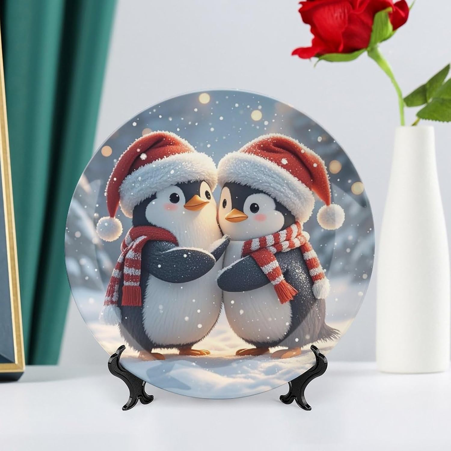 Embracing Penguins Ceramic Plate 10inch Decorative Bone China Wall Hanging Ornament Plates Bohemian Style Dinner Plate with Display Stand Cabinet Display Plates for Home Art Decor