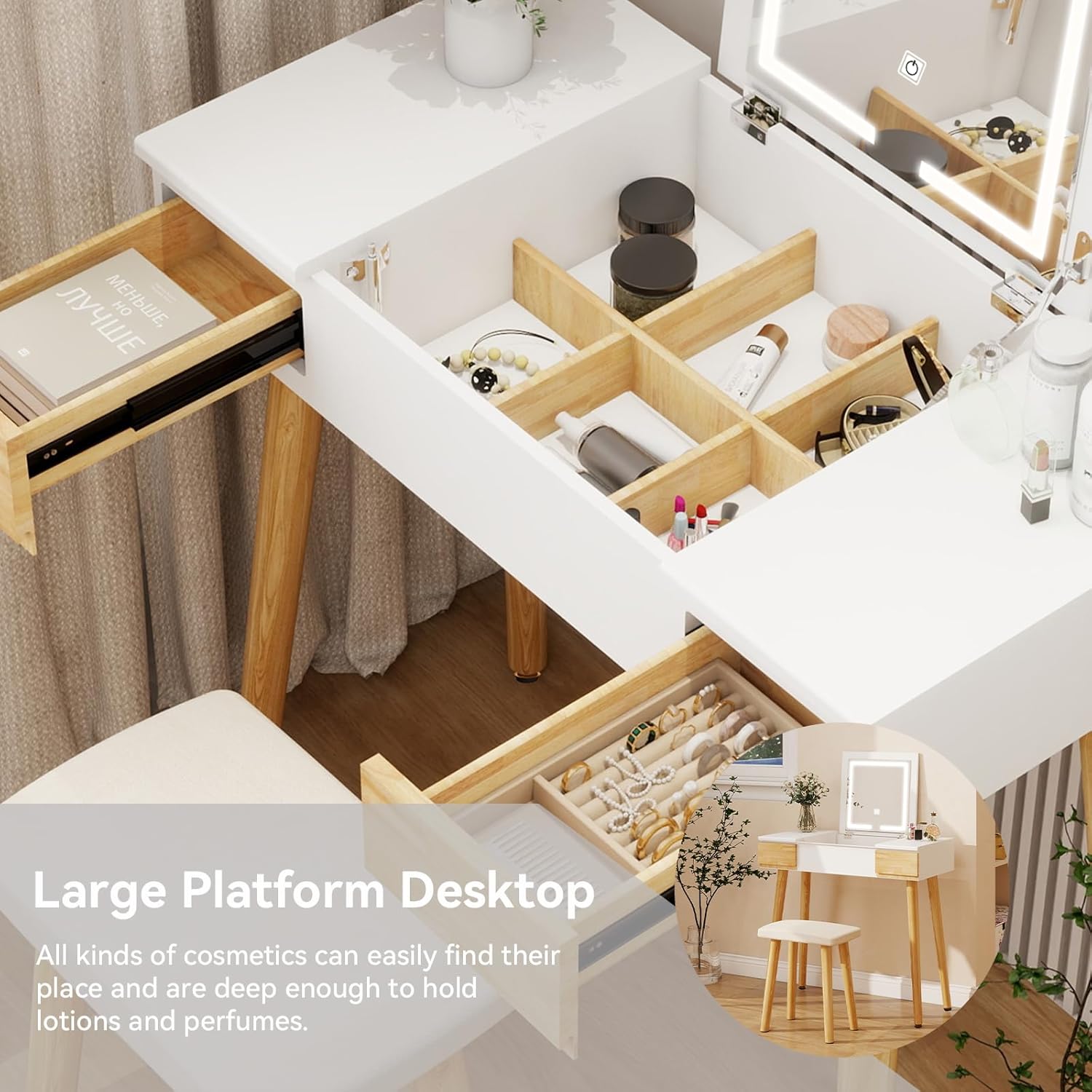 Vanity desk with flip-top mirror open, revealing organized storage compartments and open side drawers