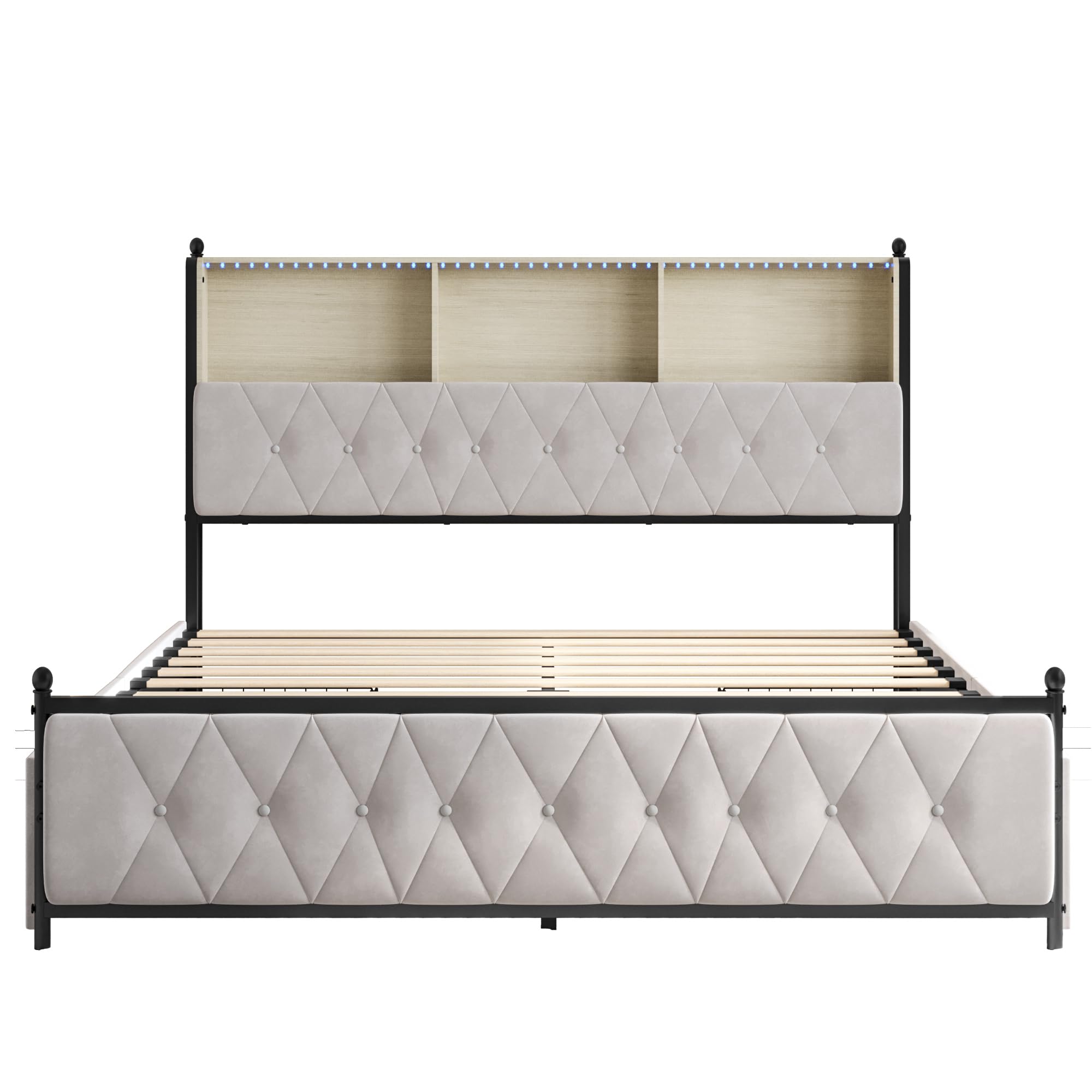 Cama tapizada 140x200 con Cabecero LED y USB, Camas Matrimoniales con 4 Cajones, Cama Juvenil, Estructura Camas Doble con Lamas de Madera, Terciopelo Beige, Sin Colchón (Beige, 140 x 200 cm)