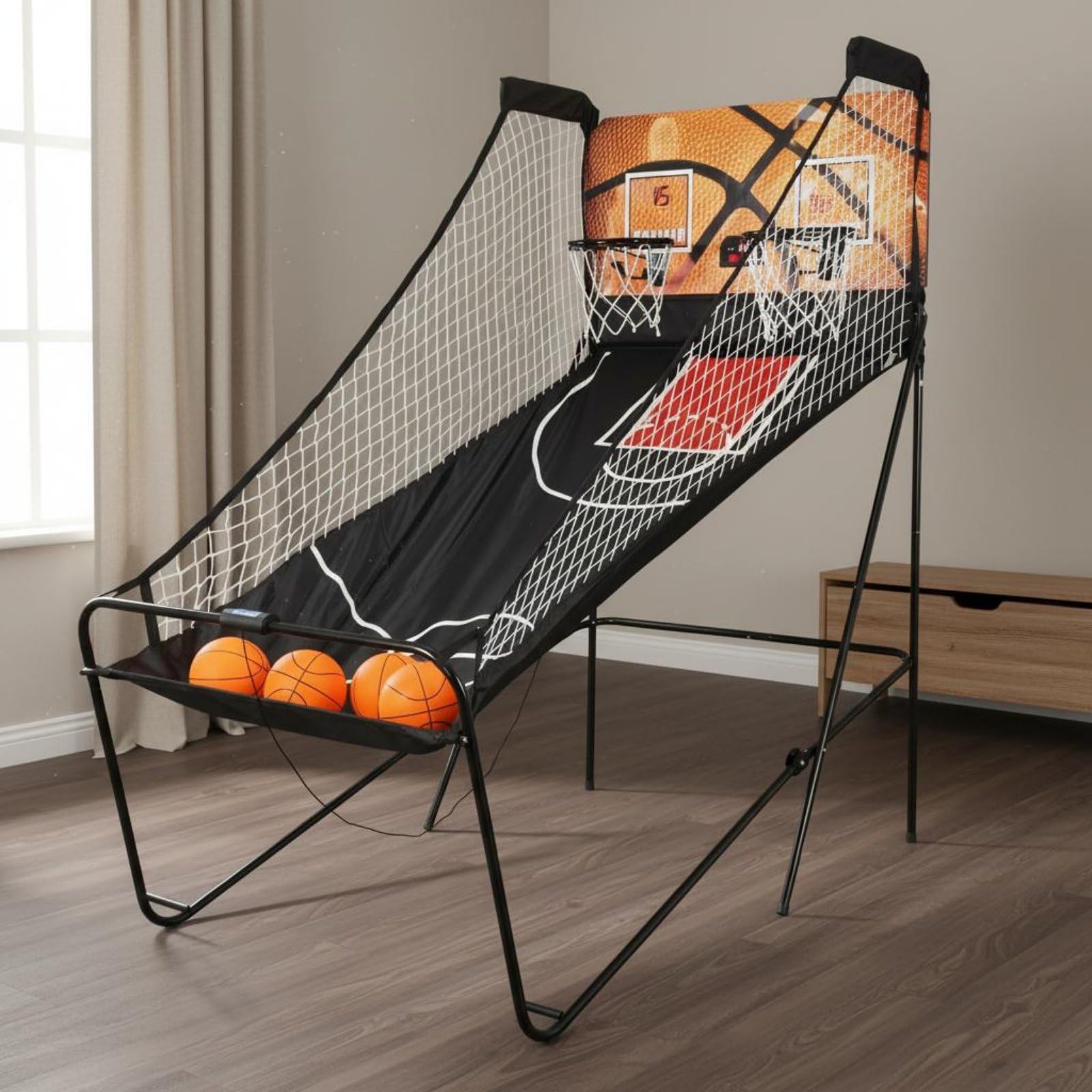 Indoor Basketball Spiel Basketball Arcade Set Korbanlage Wurfspiel Elektronischer Punktezähler Zweispieler Faltbar mit 5 Mini Bällen aus Stahlrohr Und MDF für Eltern Kind Spielzimmer Partys