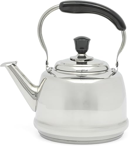 Martha Stewart Kingstree - Hervidor de té grande de acero inoxidable de 2 cuartos de galón, hervidor de té silbante duradero de calibre pesado para