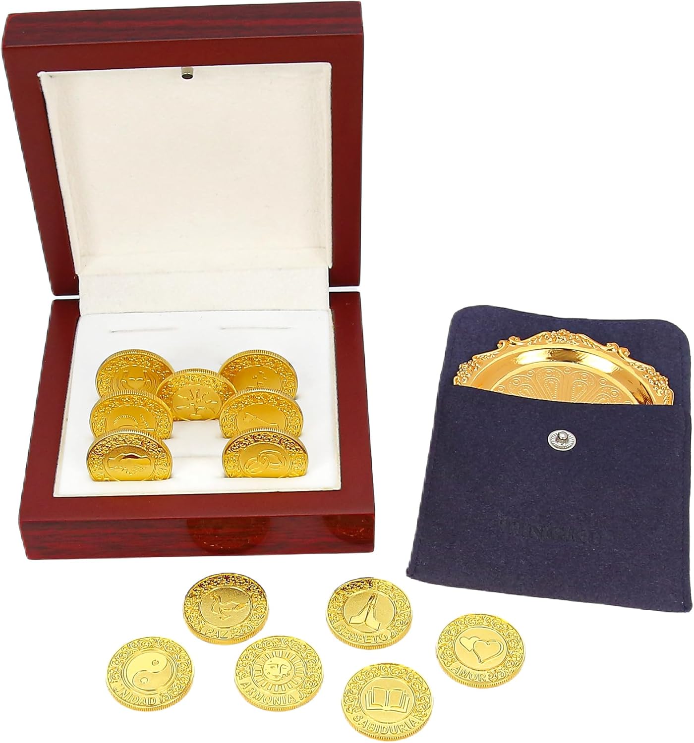 TINGKU 13-Piece Wedding Unity Coins Set – Spanish Arras para Boda Católica with Virgen de Guadalupe, Traditional Arras de Boda Cristiana in Wooden Gift Box, Recuerdos para Boda (Gold Coins)