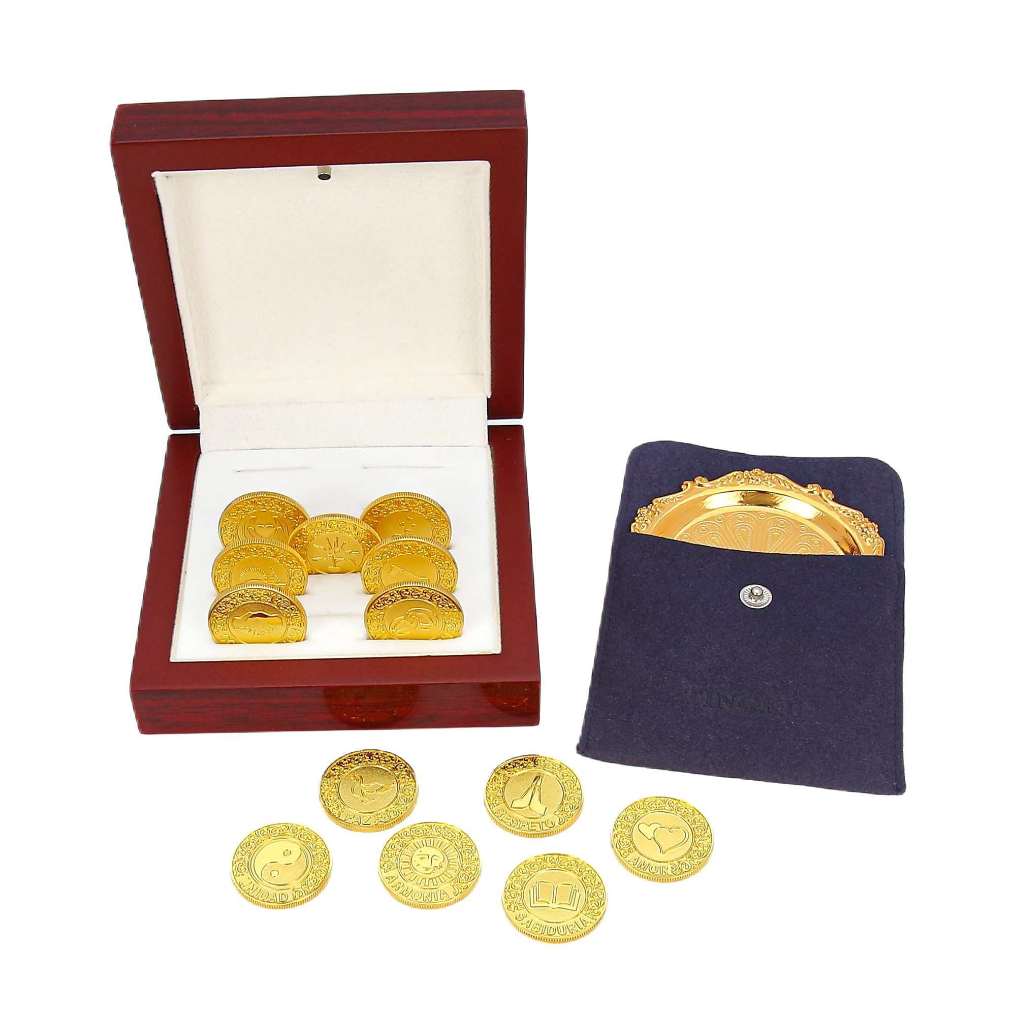 TINGKU Arras para Boda Católica - Juego de 13 monedas de boda Arras de Boda Cristiana Aras de Matrimonio, caja de madera para boda católica tradicional (Gold)