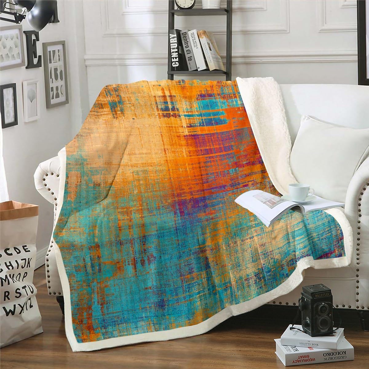 Navy Tie Dye Blanket Orange Ombre Throw Blanket for Bed for Kids, Grunge Abstract Fleece Blanket Queen Size Watercolor Gradient Sherpa Flannel, Patchwork Fuzzy Blankets Luxury Room Decor