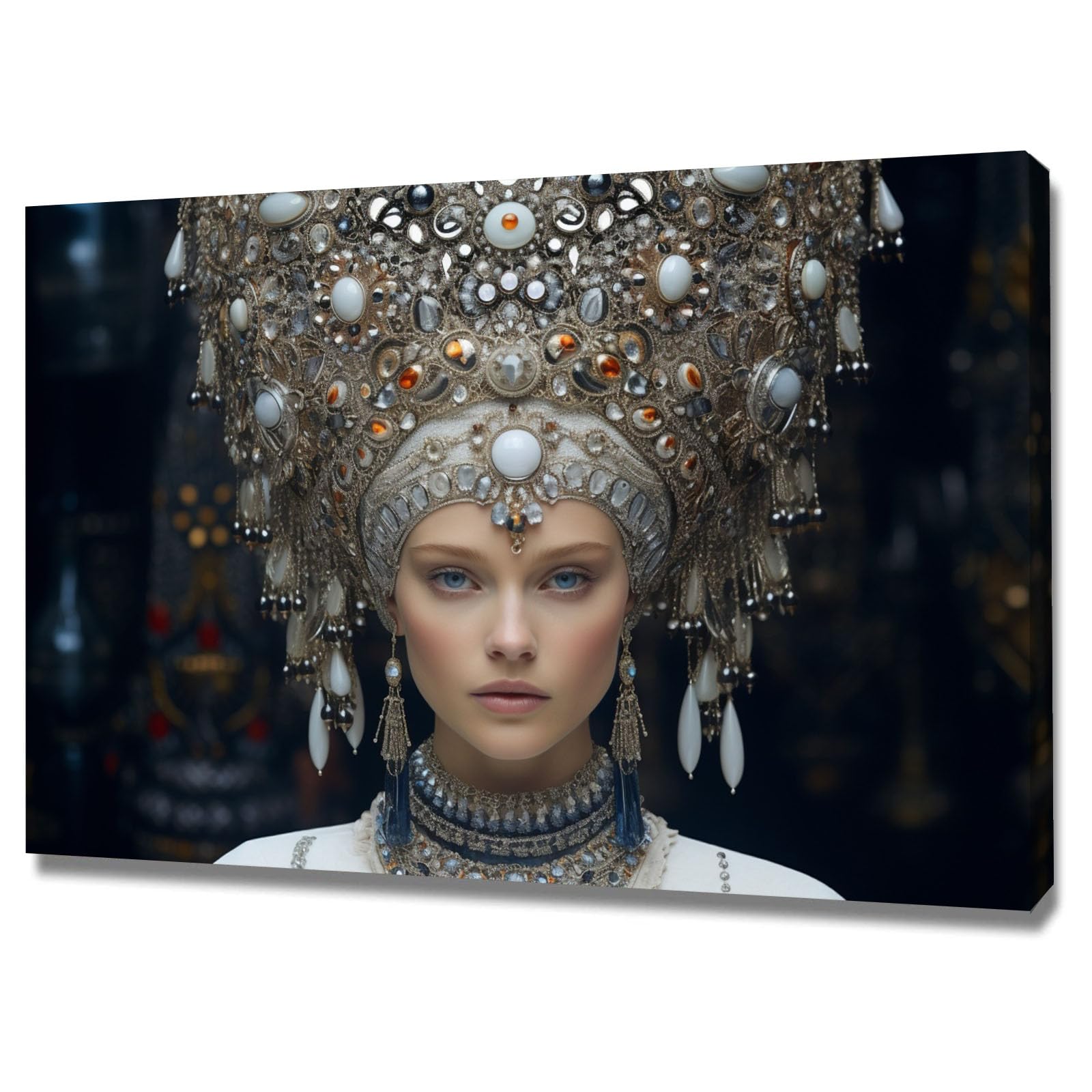 TERUEA Wall Art Print On Canvas Picture For Home Office Decor Woman With Elaborate Jeweled Headdress Portrait - Floral Woman Face - Living & Home Decor with Easy Hang Guide(White)-60x90cm Framed