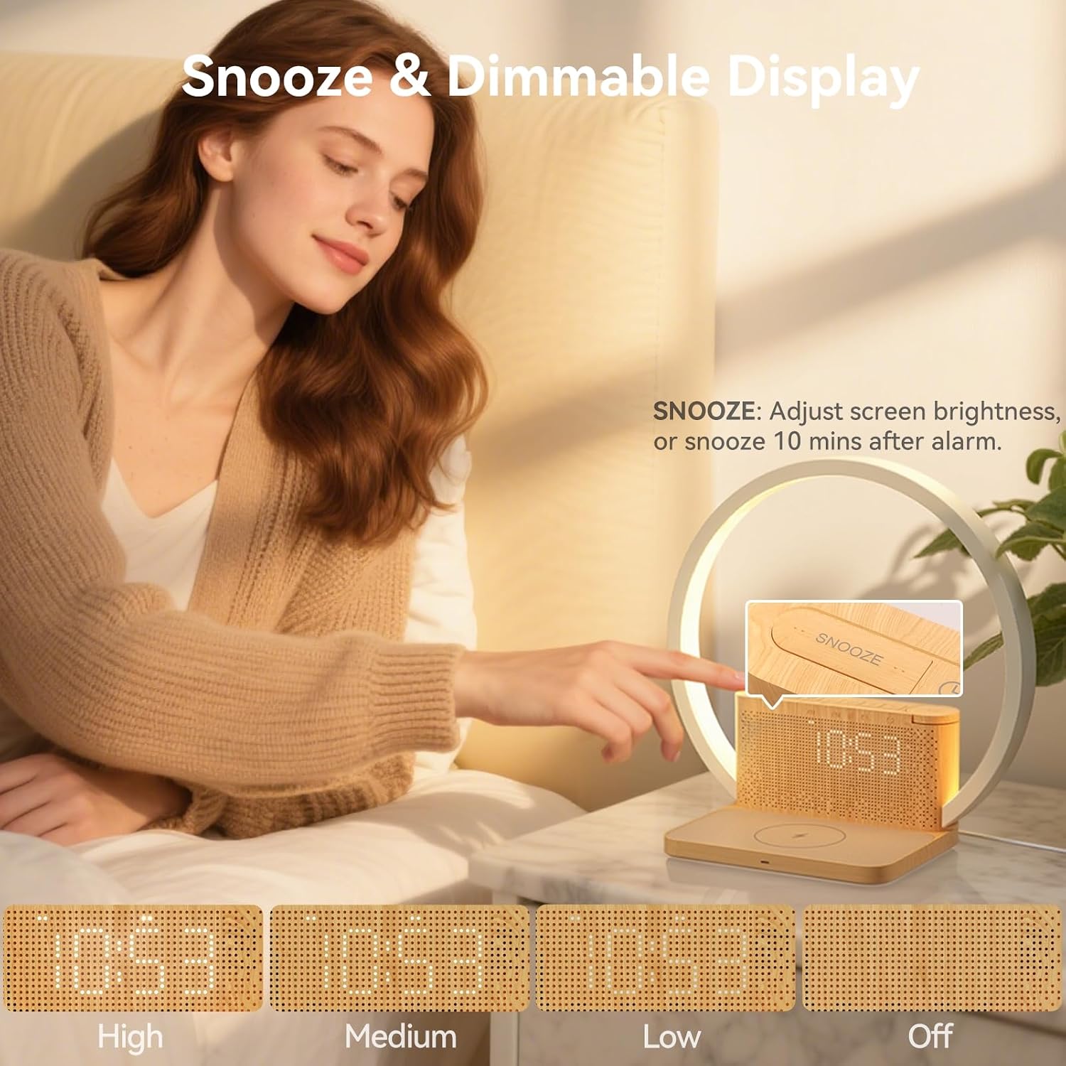 blonbar Sunrise Alarm Clock showing the snooze button and different display brightness levels: High, Medium, Low, and Off.