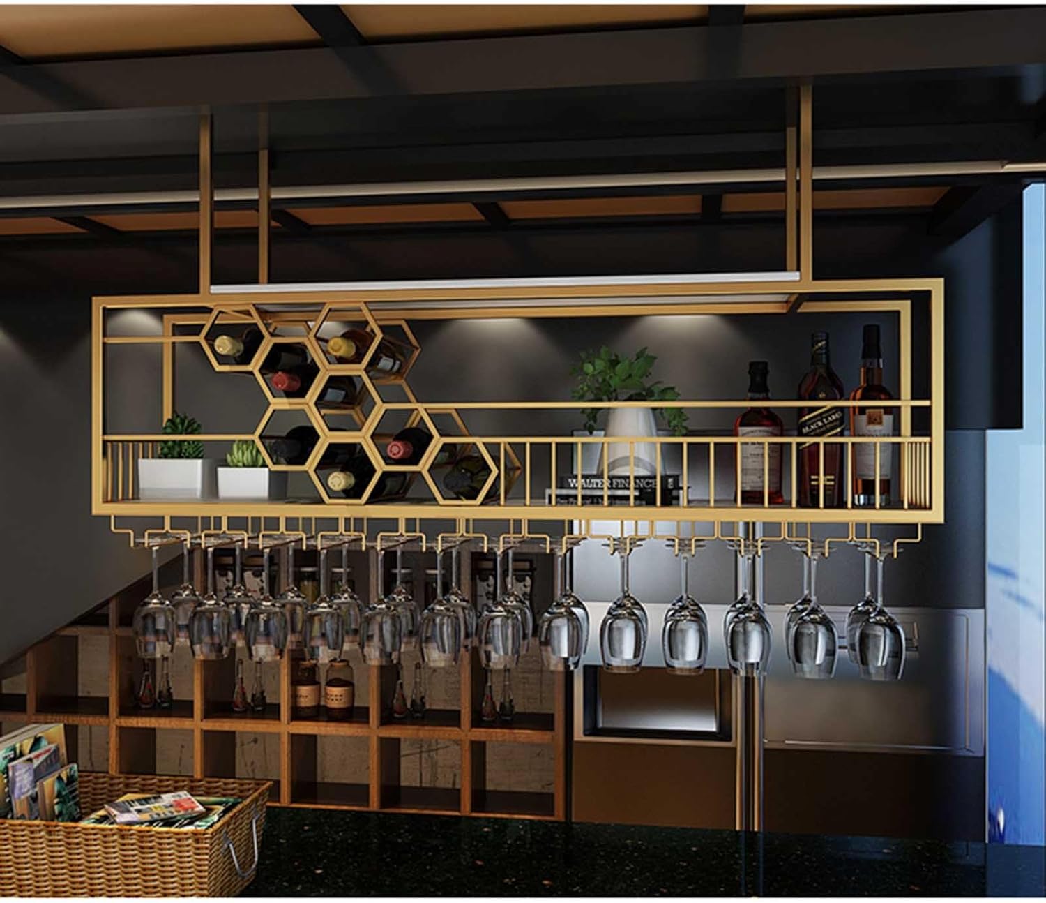 Metal Hanging Wine Rack with Glass Holder, Wine Bottle Holder, Floating Liquor Wall Shelf, Wine Storage Racks, Liquor Shelf for Kitchen Bar Decoration(Color:Gold,Size:100CM/39.3IN)