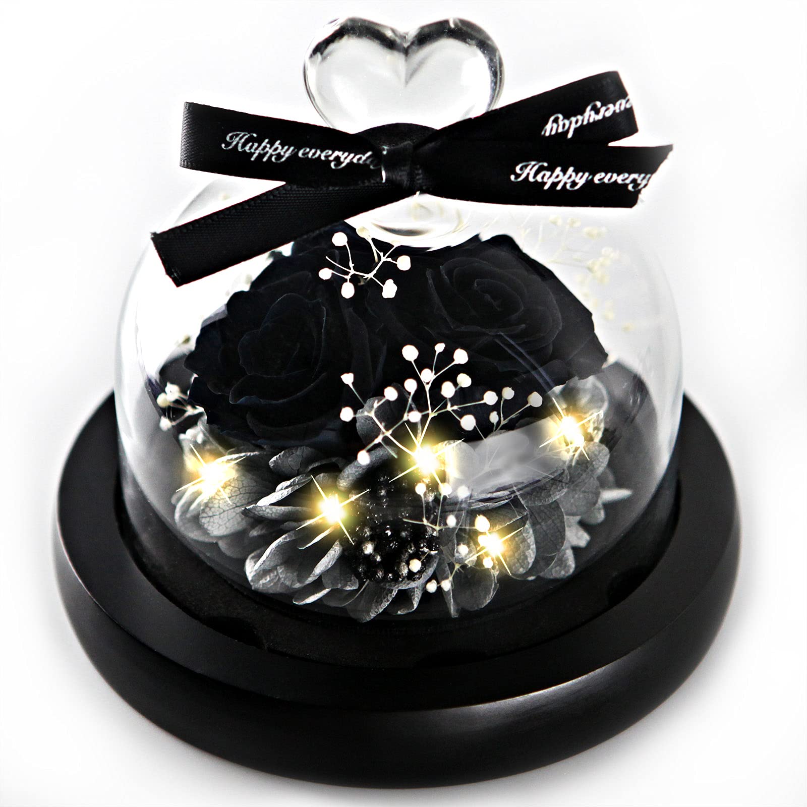 Kylin Glory Women's Mono Black Forever Flowers Real Eternal Roses - Preserved Flowers Gift With Led Mood Lights For Valentine's Day Birthday Anniversary, Elegant Present For Girlfriend Wife Mom (Mono Black)