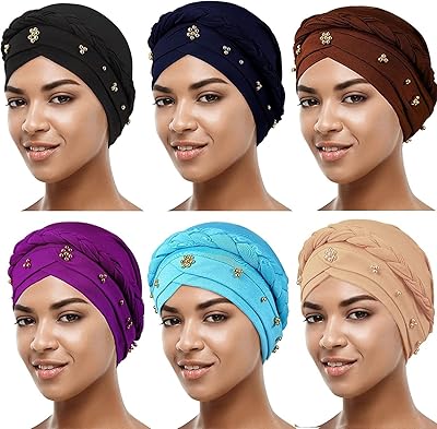 6 Pieces African Women Turban Cap Faux Pearl Head wrap Beanie Twisted Braid Wrap Hat Beaded Headscarf for Black Women (Black, Light Blue, Light Purple, Navy Blue, Coffee, Khaki)