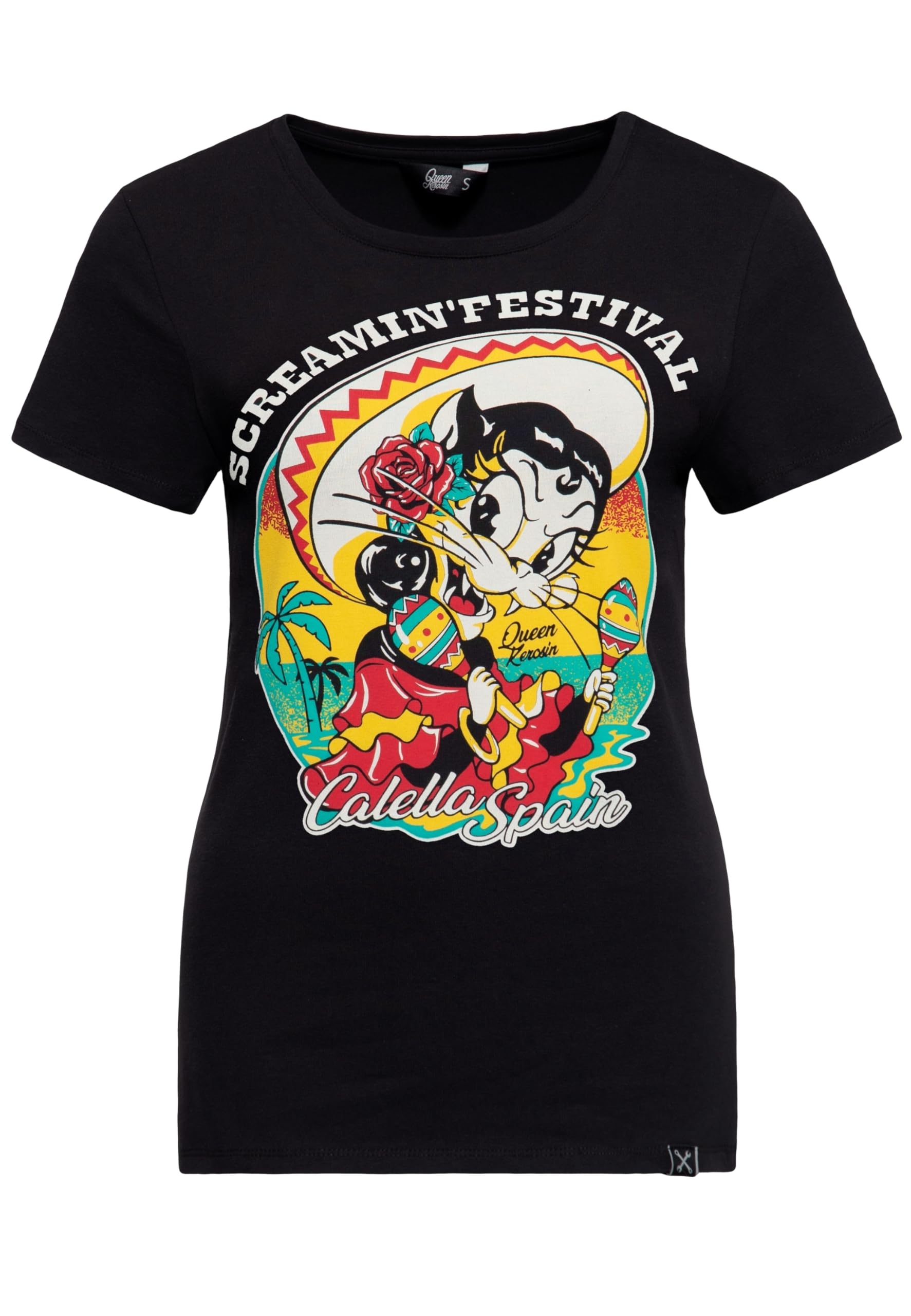 Queen Kerosin T-shirt à manches courtes pour femme - Coupe ajustée - Vintage - Mexico années 50 - Rockabilly Rockabella Rock'n'roll Screamin - Festival du rock et du rythme des années 50
