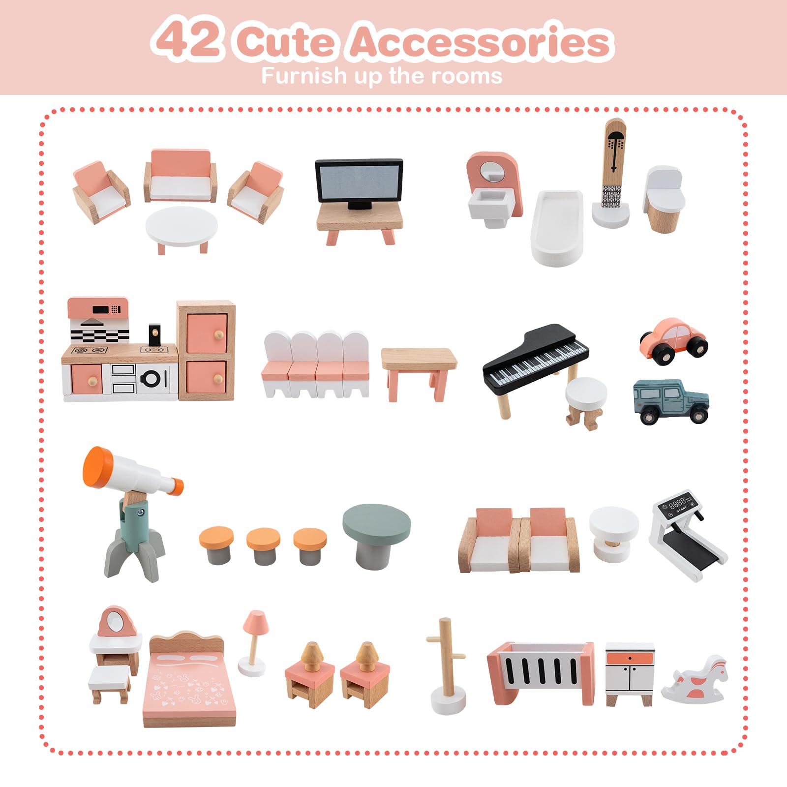 HOMASIS Casa delle Bambole in Legno per Bambini su 3 Livelli, Doll House con 42 Mobili e Accessori con 7 Stanze, Bella Casa da Sogno Principessa per Bambole, per Bambini 3+ Anni (Rosa)