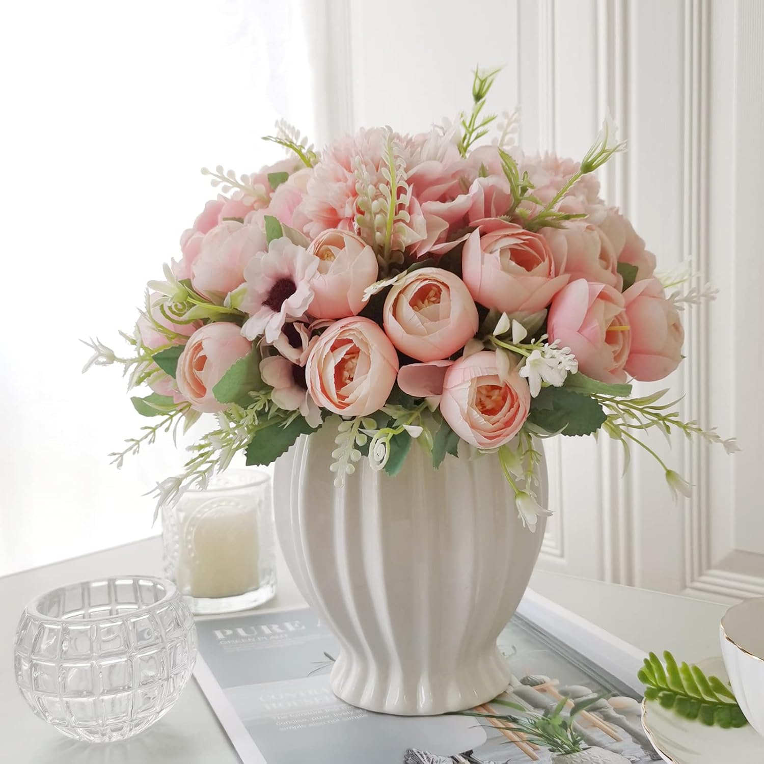 Senerma Artificial Fake Flowers with Vase Indoor 3pack Silk Rose Hydrangea Bouquet Faux Flowers in Ceramics Vase Arrangement Decor Home Table Dining