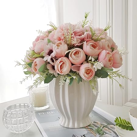 Amazon Com 人造假花附花瓶室內3 件組絲綢玫瑰繡球花束仿花陶瓷花瓶佈置裝飾居家桌子餐廳婚禮裝飾 粉紅色 居家與廚房