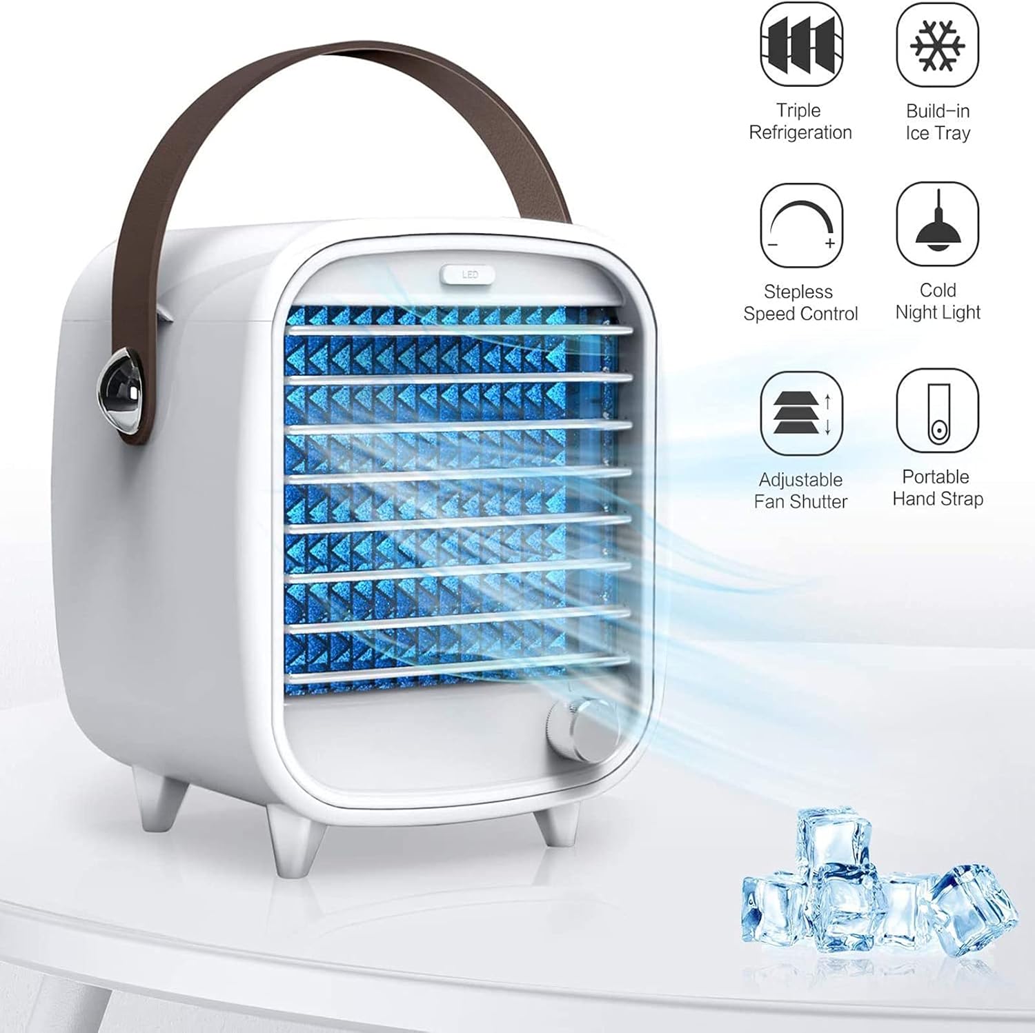 Mini Personal Air Conditioner Fan USB Portable Air Cooler with Blue LED night light 9in Stepless speed Evaporative Cooler for Home Office Bedroom