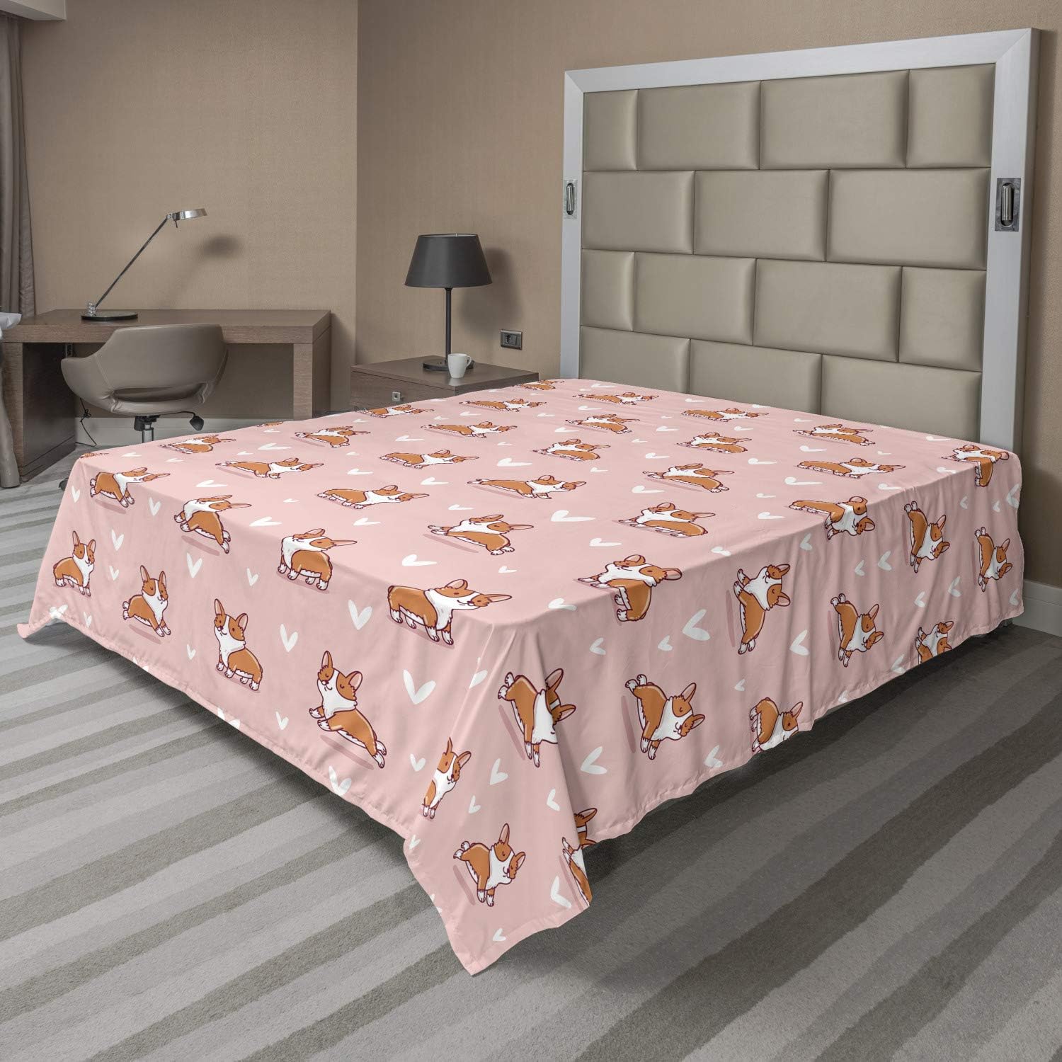 Ambesonne Dog Lover Flat Sheet, Little Corgi Jumping Running and Standing Cartoon Hearts Background, Soft and Comfortable Top Sheet Decorative Bedding 1 Piece, Full Size, Coral Orange White