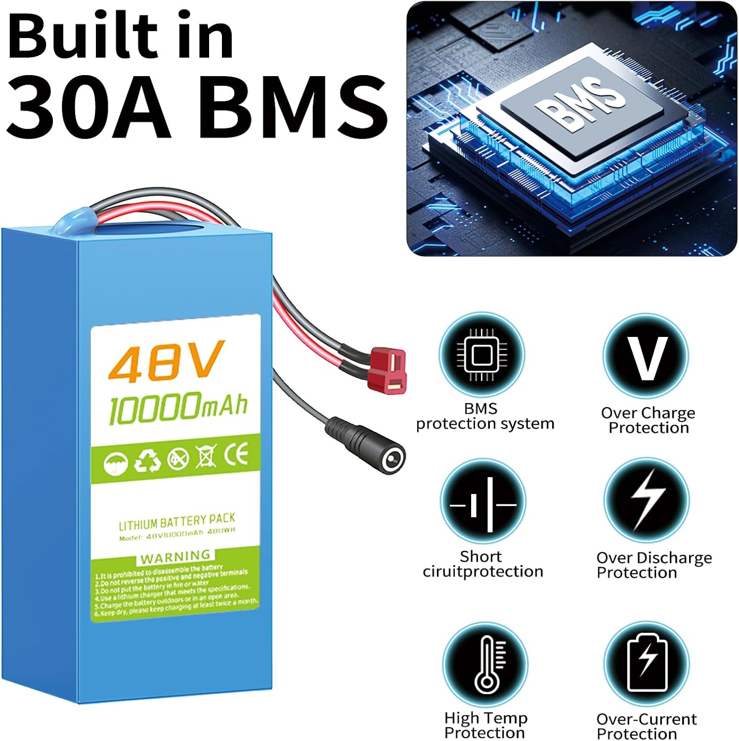 48V10Ah Lithium Ebike Battery with 30A BMS, Compatible with 100W-800W Motors, for Electric Bikes, Scooters, ATVs, Electric Dirt Bikes (48V10Ah)