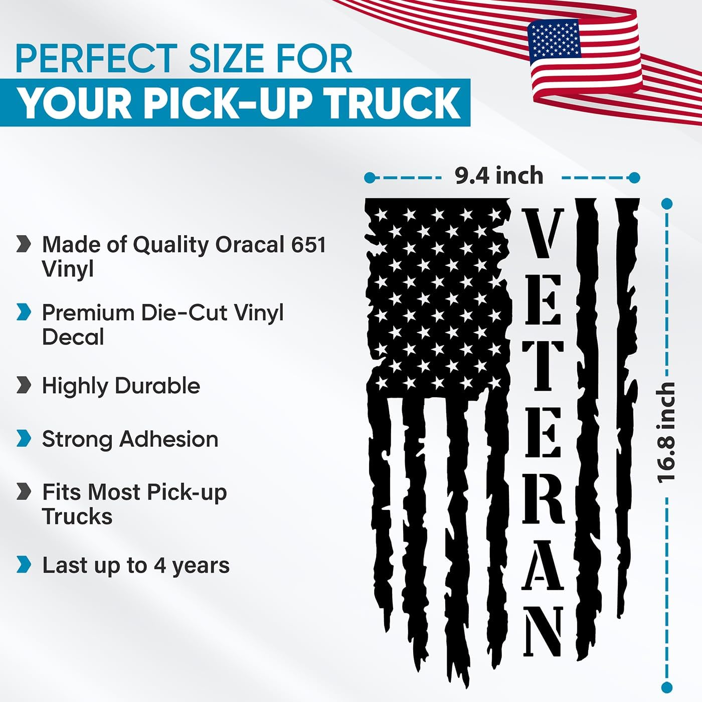 GRITKULTURE Veteran Distressed American Flag Vinyl Decal 2 Pack 17.5in x 12in for Trucks, Tailgate, Cars, US, USA Compatible with Most Pickups (Original Black)