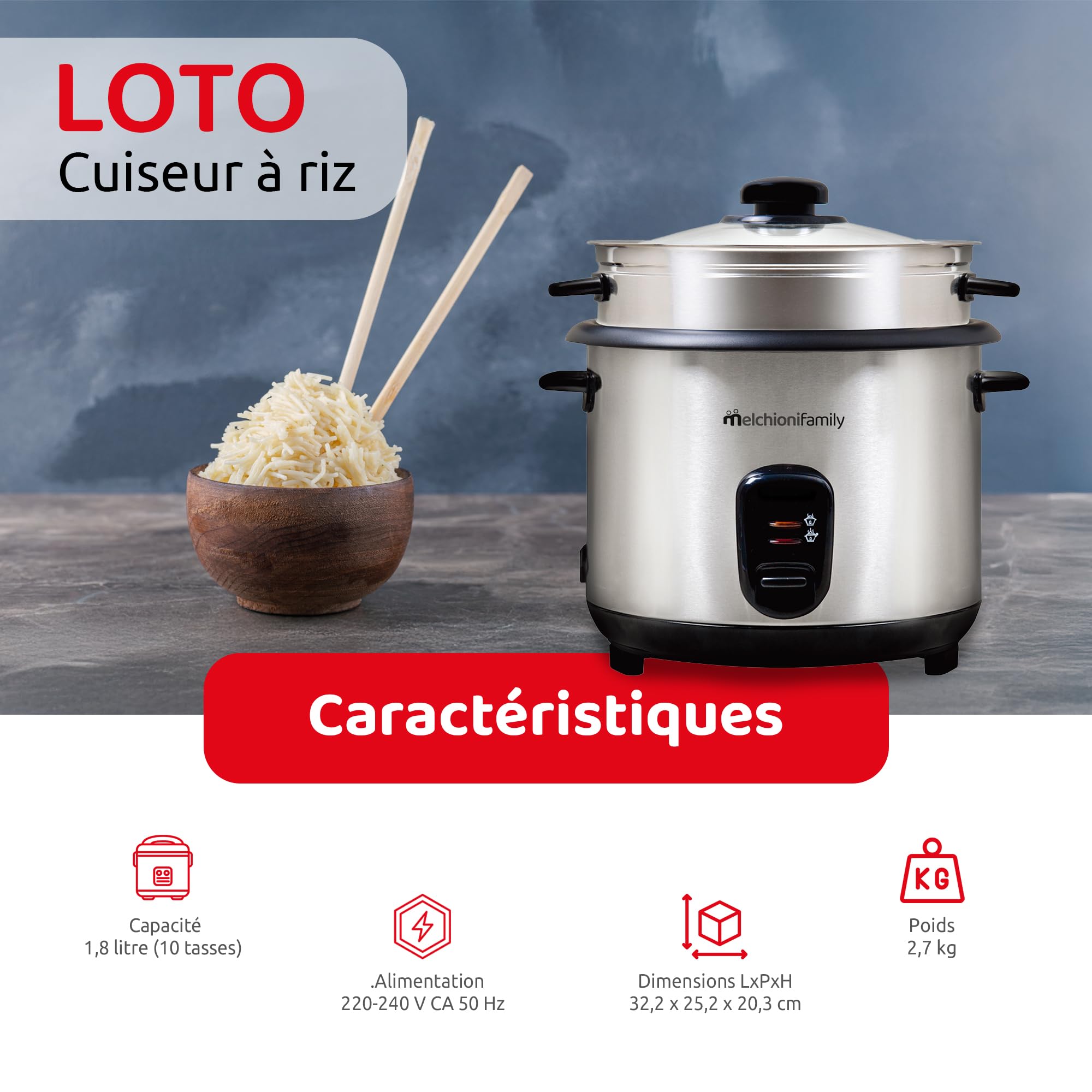 Melchioni Family | LOTO Cuiseur à Riz 1,8L avec Cuisson et Maintien au Chaud, Couvercle en Verre, Revêtement Antiadhésif, Arrêt Automatique, Vapeur, 800W, Accessoires Inclus, Gris