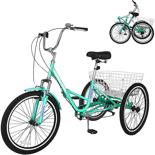 ABORON Folding Adults Tricycles, 20/24/26in Foldable Trike, 7 Speed 2-Wall Wheel Rims, Large Basket for Shopping Picnics Exercise Outdoor Sports Men Women
