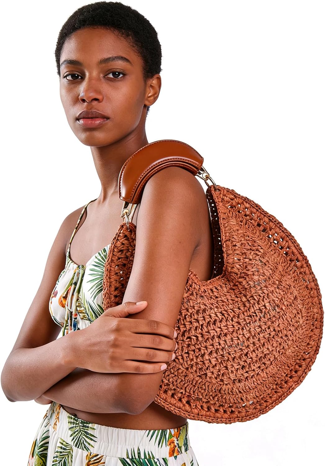 Women's Straw Hobo Bag Woven Crescent Shoulder Bag Summer Beach Tote Bag with Leather Handle for Vacation Travel | PU leather handle