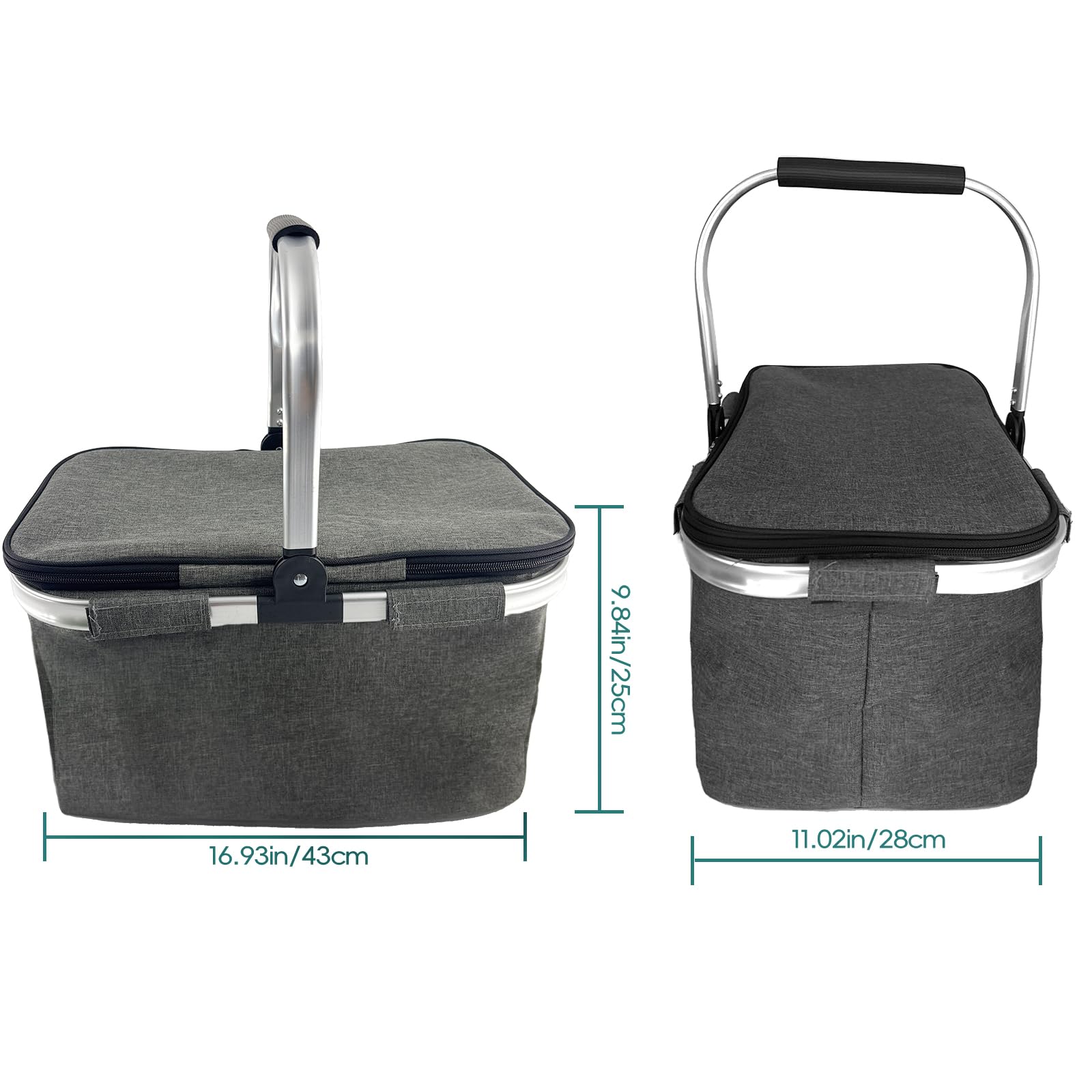 Faltbarer Einkaufskorb Grau, Großer Picknickkorb mit gepolsterten Griffe, praktischer Faltkorb, Einkaufstasche mit Aluminiumrahmen, robuster Korb