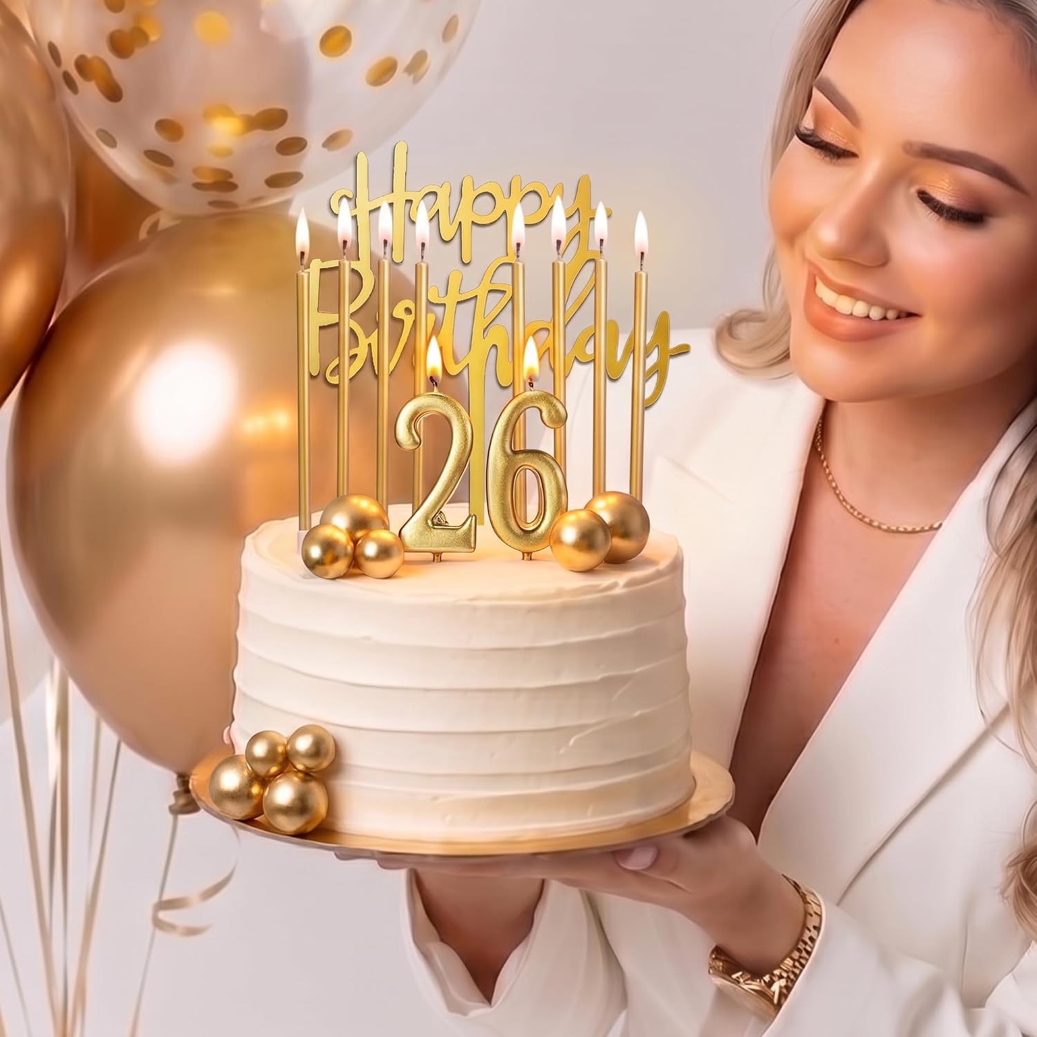 PHD CAKE 46 Pcs Gold Birthday Candles, 10 Cake Number Candles, 9 Ball Cake Toppers, 3 Birthday Cake Toppers, Party Celebration