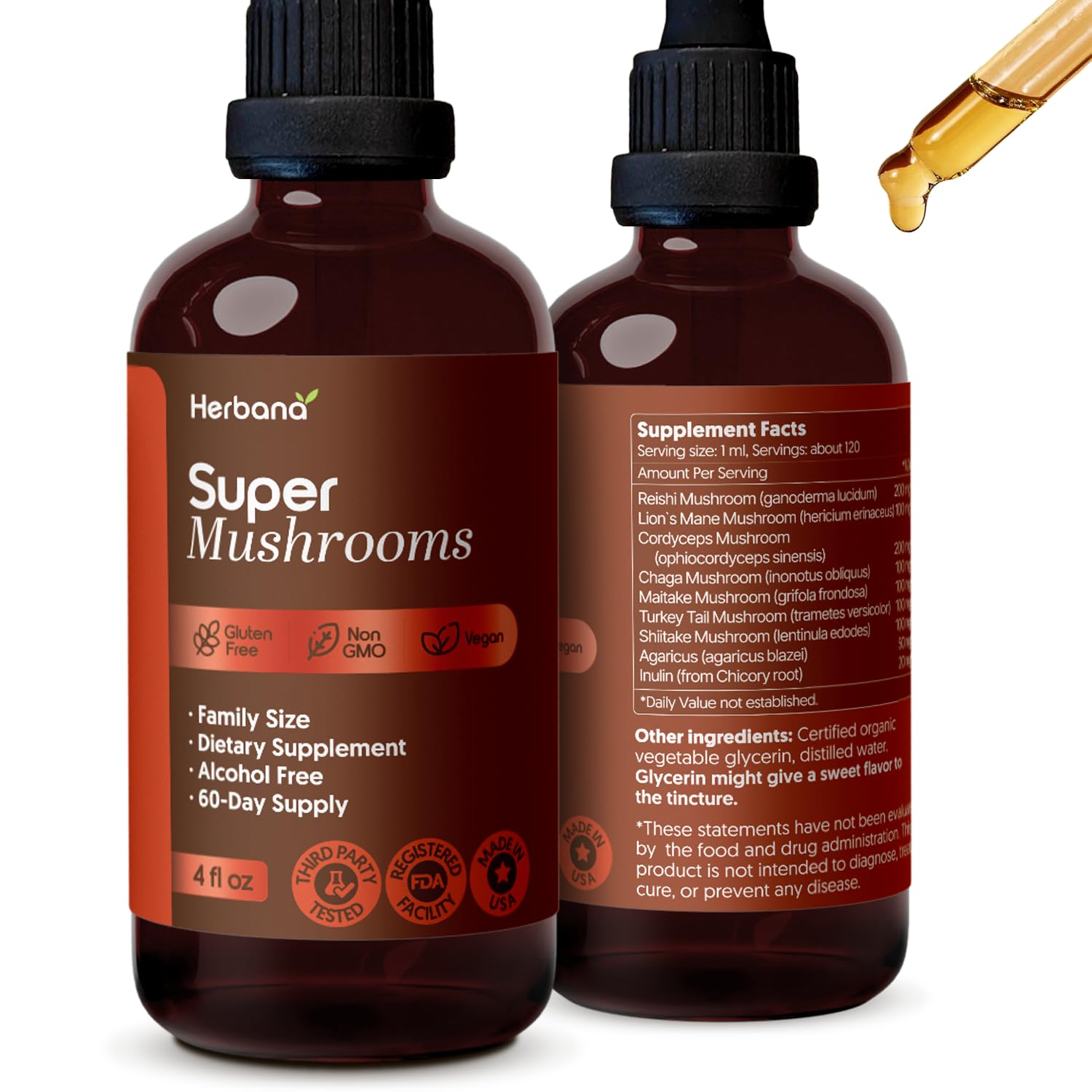 Super Mushrooms 8-in1 - 4 fl oz Liquid Extract - Brain Booster & Immune Support Drops - Reishi, Lion`s Mane, Cordyceps, Chaga, Mitake, Turkey Tails, Shiitake, Agaricus - High Potency - 60-Day Supply