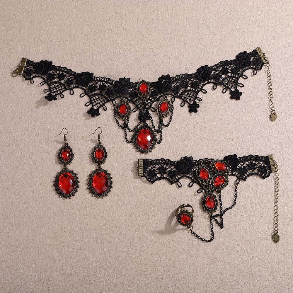 Missgrace Boho Punk Black Tassels Lace Red Crystal Choker Necklaces Earrings Bracelet Set Gothic Accessories Halloween Gothic Punk Black Beads Necklace Earrings Bracelet Set for Women - Image 4