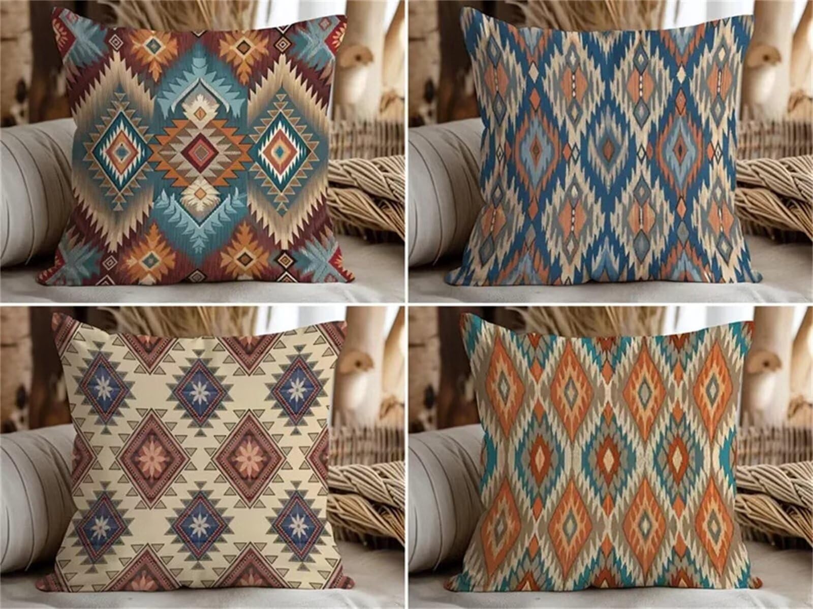 Heaen Outdoor Cushions Covers Waterproof 55x55 cm Set of 4 Square Linen Pillow Cases Geometric Brown Decorative Dushions for Sofa Porch Patio Home Decor