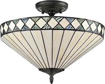 DEYNITE Tiffany Style Ceiling Light Stained Glass Shade Black 3-Light Flush Light 16 Inches Vintage E26 Semi-Flush Mount Indoor Ceiling Light for Bedroom Hallway Dining Entryway Hallway-Dimmable