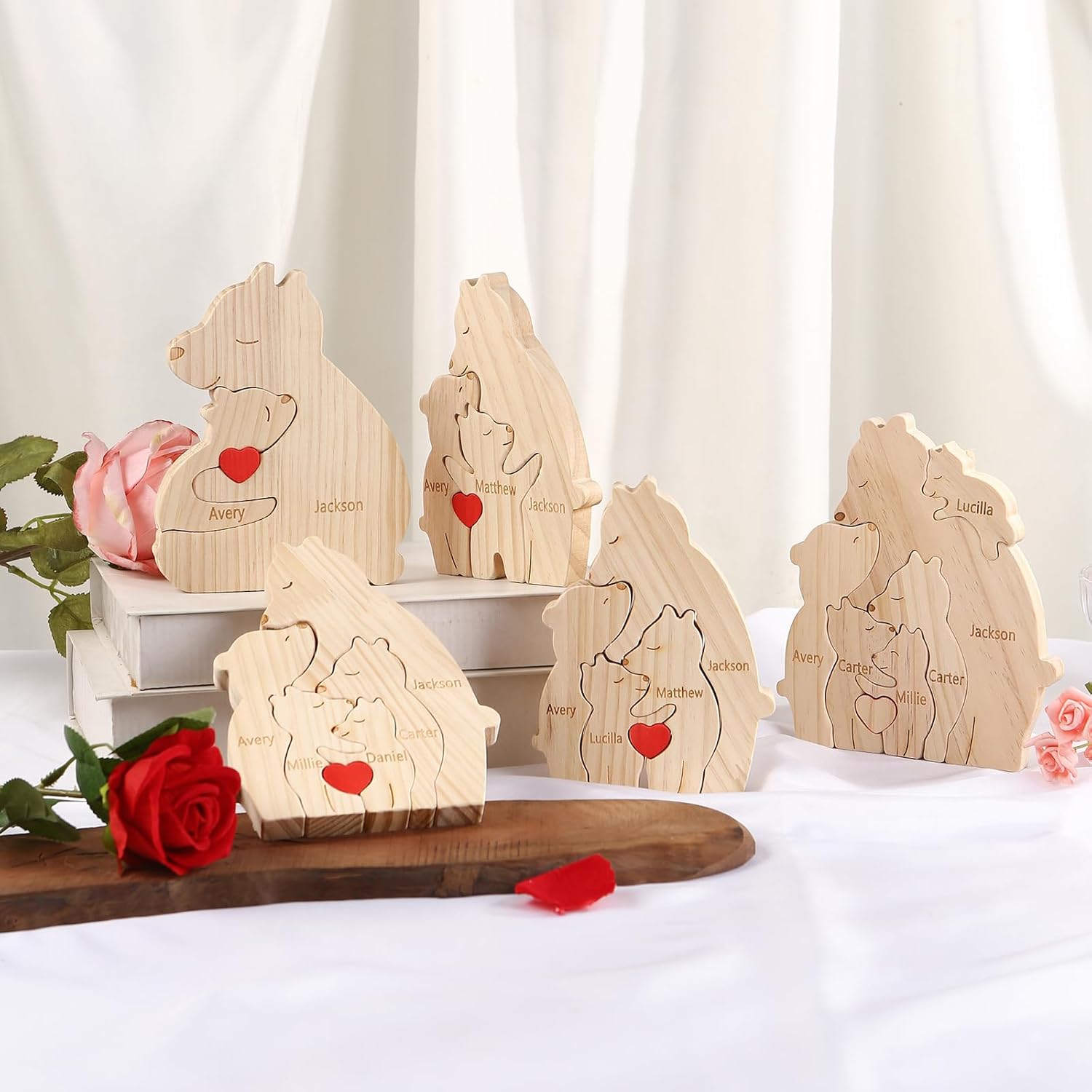 Custom Wooden Bear Family Puzzle with 2-6 Names, Colorful Heart Design, Name Puzzle for Mom & Dad, Ideal for Mother's Day Father's Day Thanksgiving Christmas (Style 1, 4 Names)
