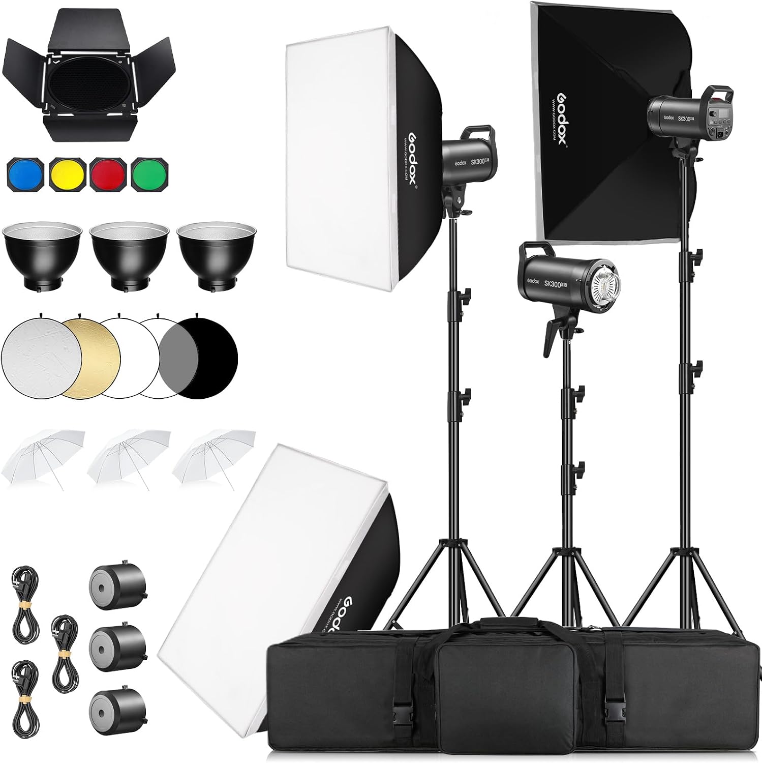 Godox 3Pack SK300IIIV 900W Professional Studio Flash Light Kit, 300W 2.4G Professional Monolight Light, Bowens Mount,Softbox, Stands,Reflector for Wedding, Product, Portrait Photography