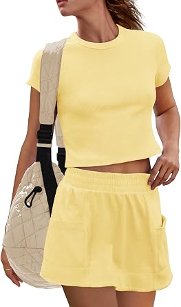 Panadila Womens Skort Sets 2 Piece Outfits Ribbed Short Sleeve Tops and Skirt with Shorts Underneath Summer Lounge Set