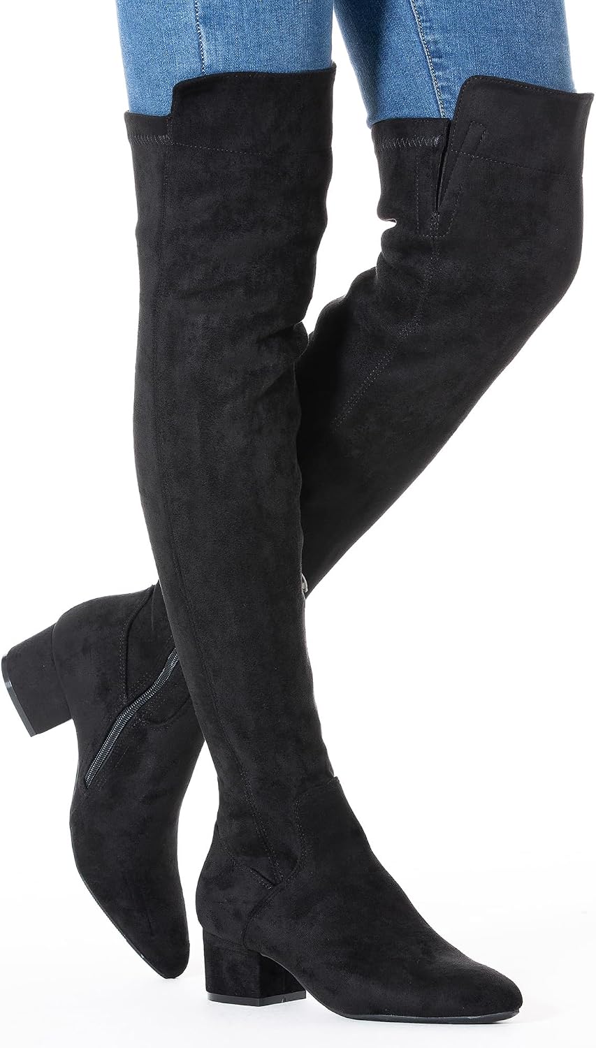 N.N.G Women Over the Knee Boots Thigh High Suede Black Block Low 2 Inch Heel Chunky Above Knee Winter Pointed toe
