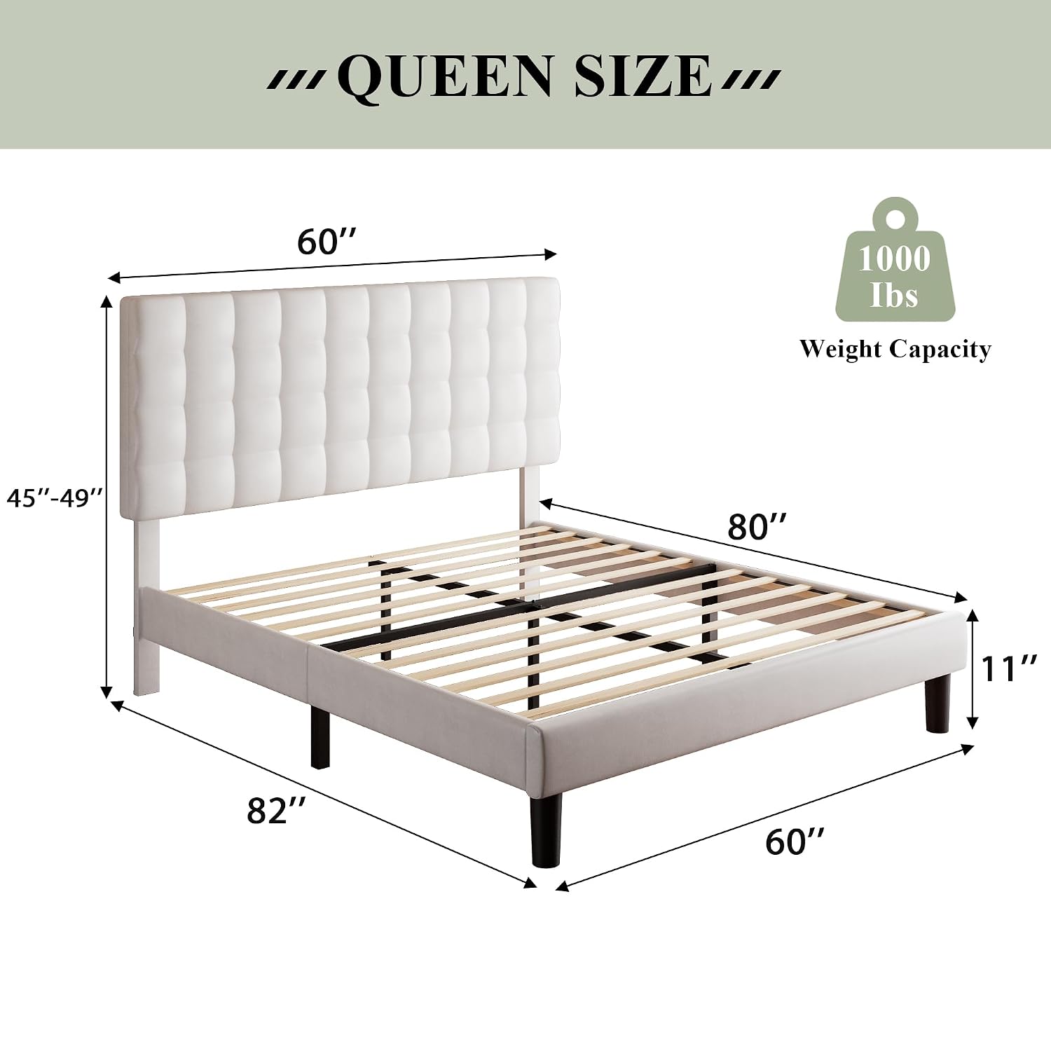 Diagram showing Queen bed frame dimensions: 60 inches width, 80 inches length, 11 inches frame height, 45-49 inches headboard height, and 1000 lbs weight capacity.