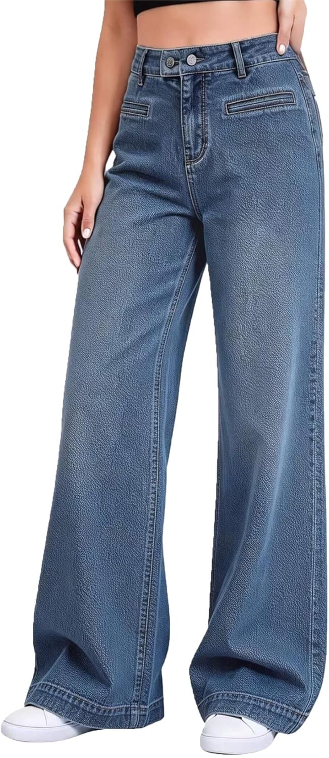 Womens Baggy Jeans Wide Leg Mid High Waisted Straight Denim Pants 2026 Spring Summer Trendy White Cotton Trouser