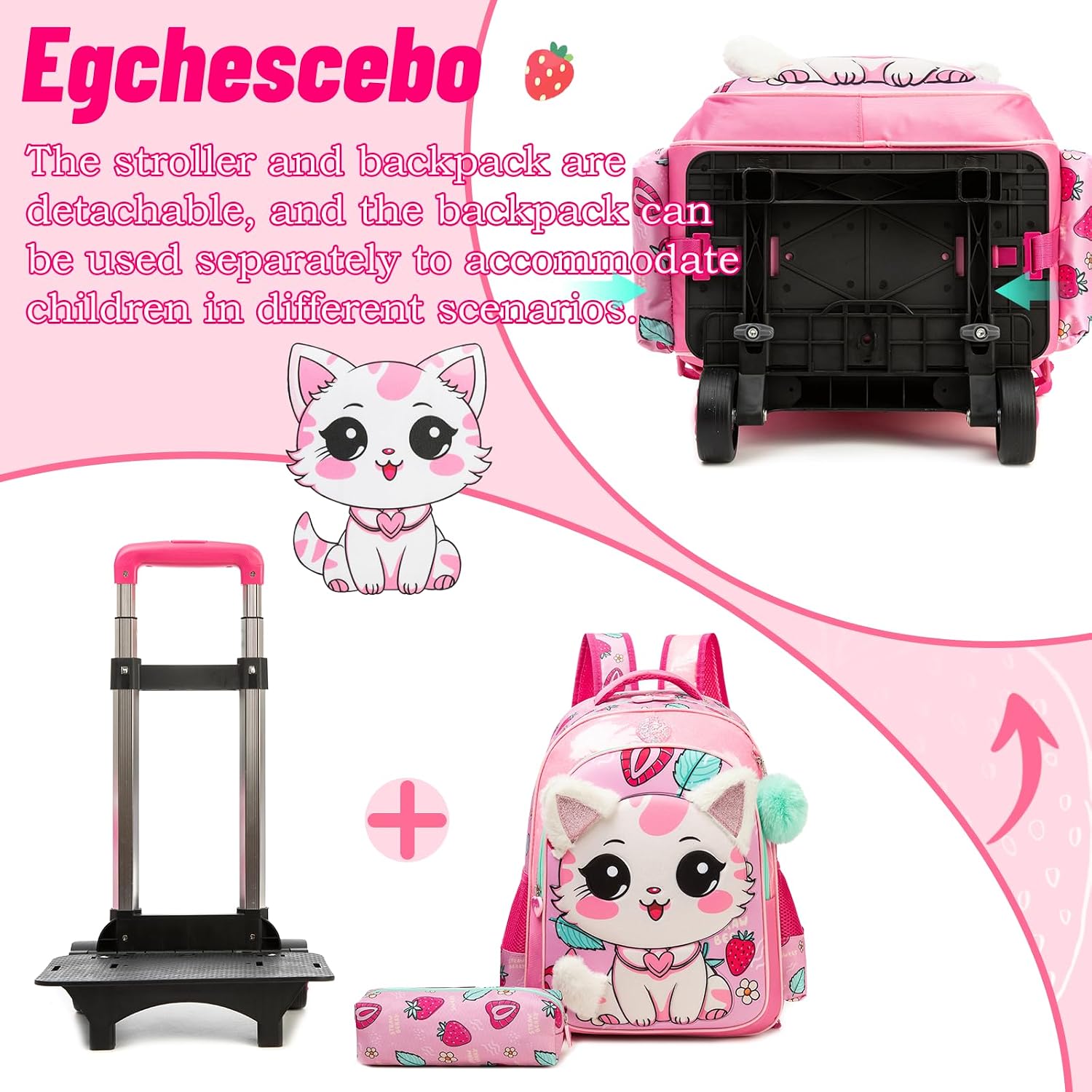 Egchescebo Kids Rolling Plush cat Backpack for Girls Trolley Suitcases Luggage Travel with Wheels Detachable Wheeled 17" 3PCS Roller Backpacks Set Toddler Back Pack School Bags for Elementary Pink