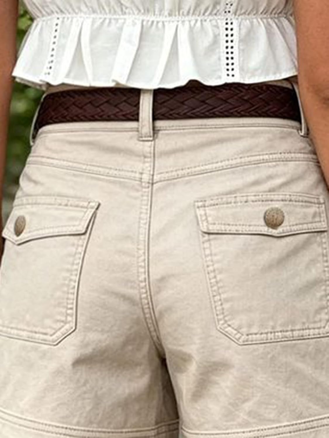 Flamingals Mid Waist Mid Thigh Length Shorts for Women Casual Split Stitch Detail Decor Front Trendy Shorts Without Belt