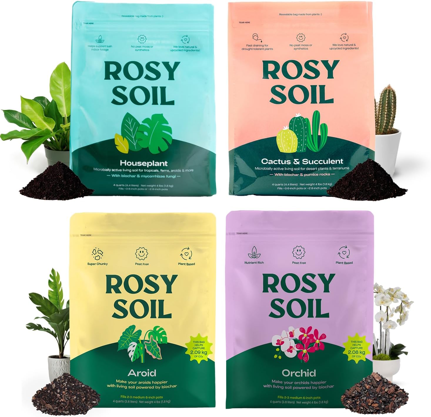 Rosy Soil Indoor Plant Soil Bundle - Houseplant, Aroid, Orchid & Cactus Potting Mixes - Peat-Free, Biochar-Powered Living Soil for Indoor Gardening - 4 × 4 Qt