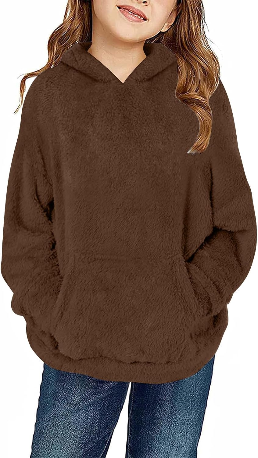 Girls Fuzzy Fleece Pullover Hoodies Kids Long Sleeve Winter Warm Soft Sherpa Hooded Sweatshirts With Pocket 4-14 Years