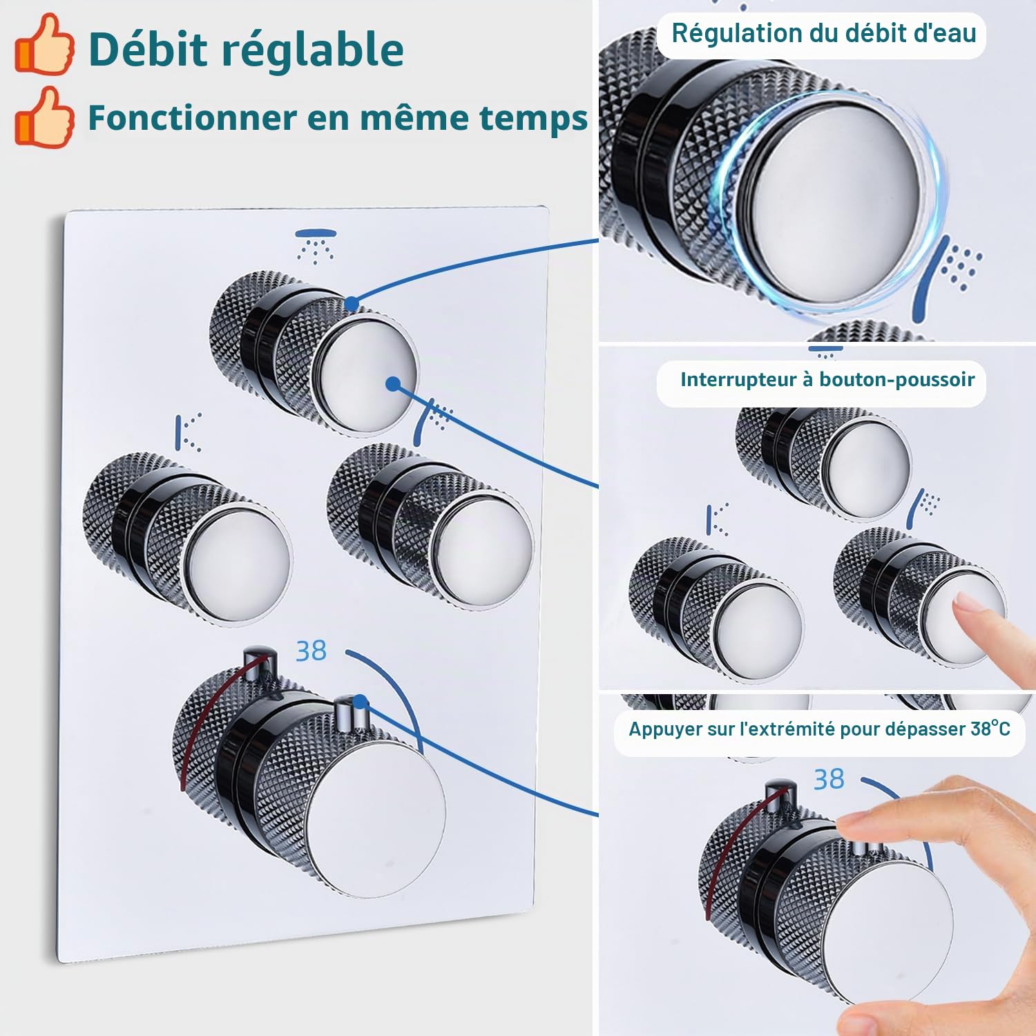 Mitigeur de douche thermostatique 3 voies dissimulé – Vanne inverseur chromée à 3 sorties avec bouton poussoir, débit et température réglables, fonctionnement simultané