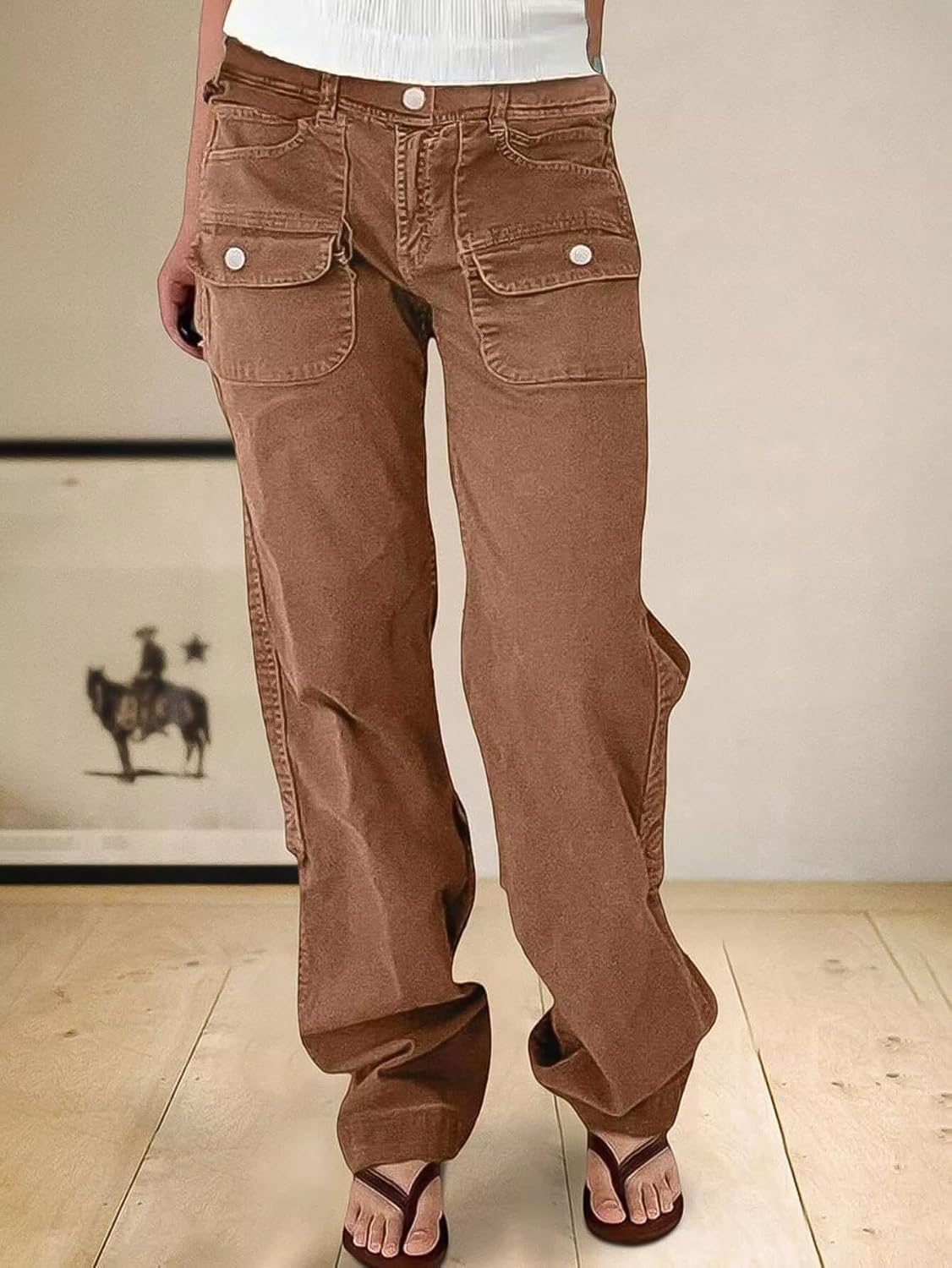 Flamingals Straight Leg Mid Waist Pants for Women with Solid Flap Pockets - Image 4