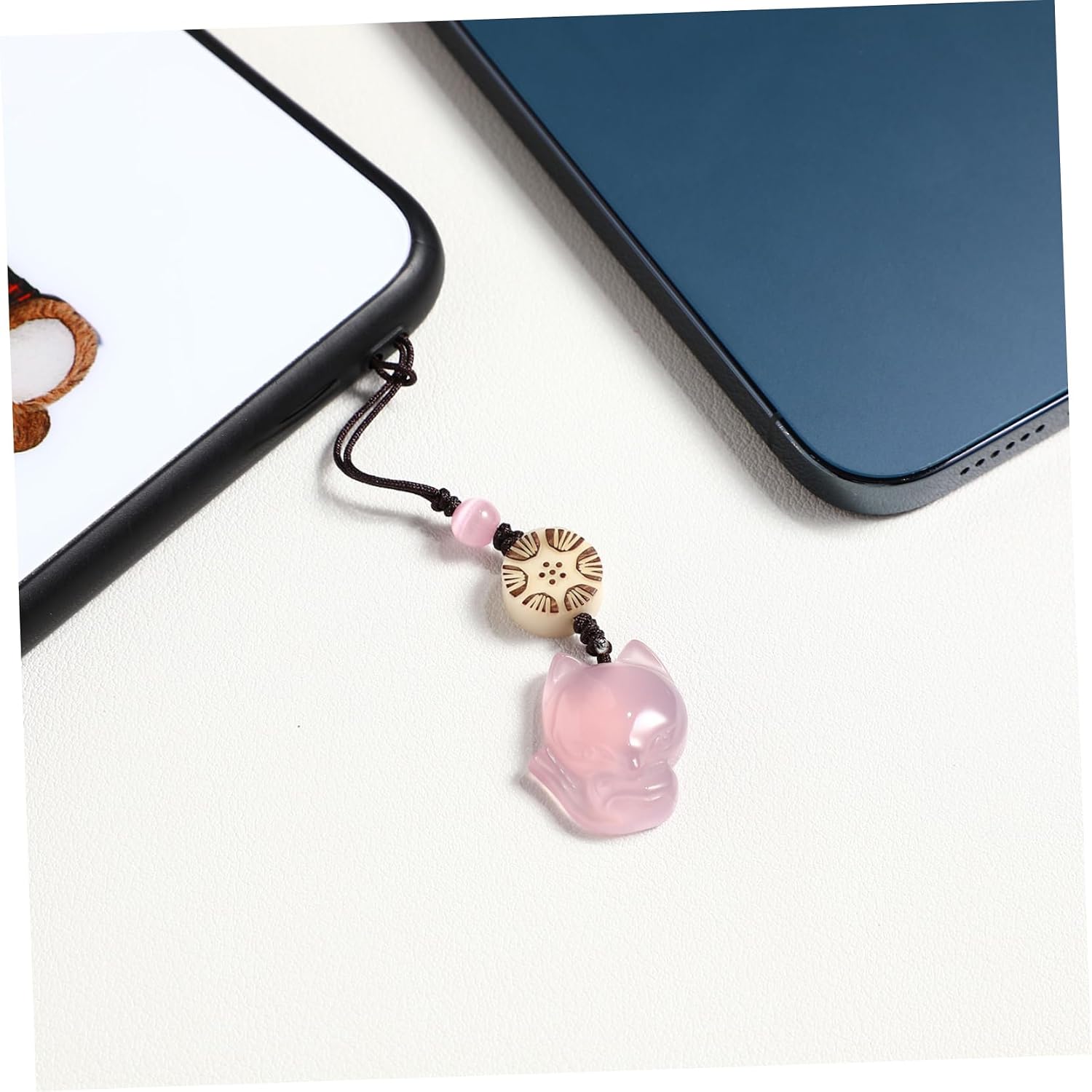Hemobllo Pink Fox Phone Charm Kawaii Natural Chalcedony Phone Accessories Aesthetic Cute Jewelry Handmade Cell Strap for Women Girls