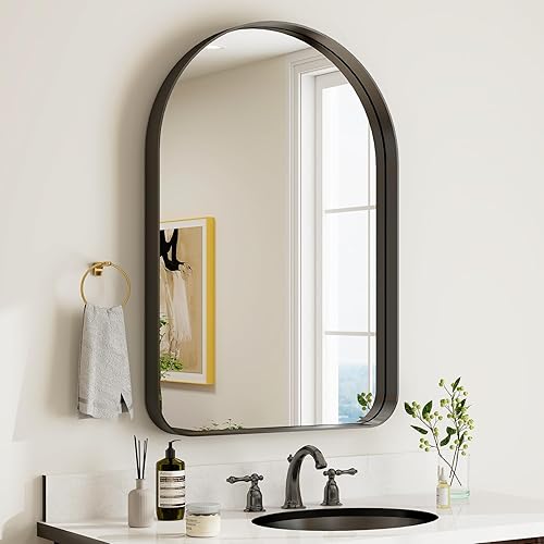 Miniatura 2 de GLSLAND Espejo de baño arqueado negro de 20 x 30 pulgadas, espejos enmarcados de aleación de aluminio para pared, espejos de pared mate para