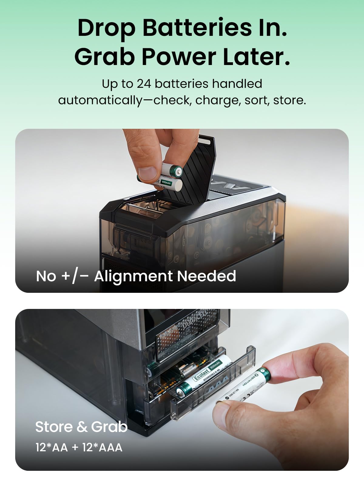 Ostation Stazione di ricarica per batterie ricaricabili AA AAA, 3 in 1, senza polarità, per NiMH e litio, auto-ordinamento Good & Bad, App, contiene 24 celle (w/12 AA Li-ion e 12 AAA NiMH)