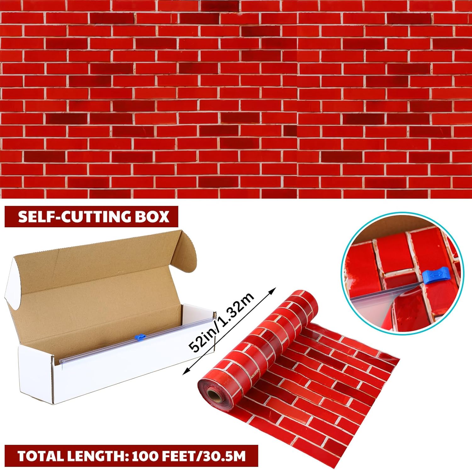 Oudain 54 Inch x 100 ft Red Brick Tablecloth Roll Wall Backdrop with Cutter Box Christmas Plastic Red Brick Photography Background Wallpaper Birthday Party Decoration